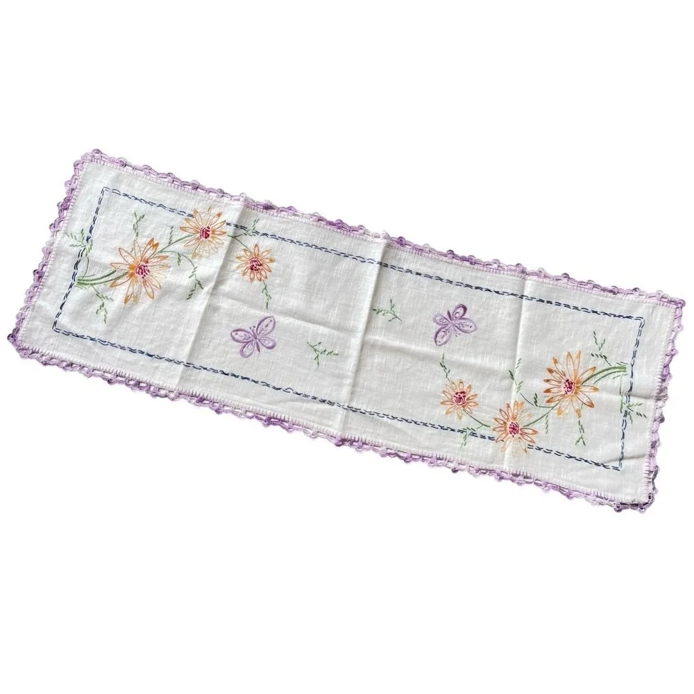 Linen Table Runner Dresser Scarf Embroidery Floral Crochet Purple Edge 36